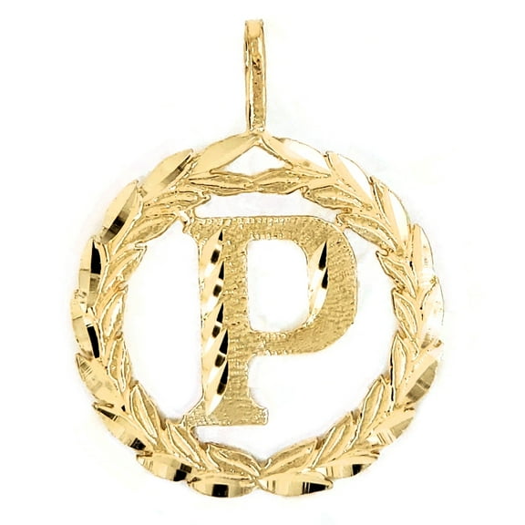 14k Yellow Gold Round Wreath Initial Letter 'P' Pendant