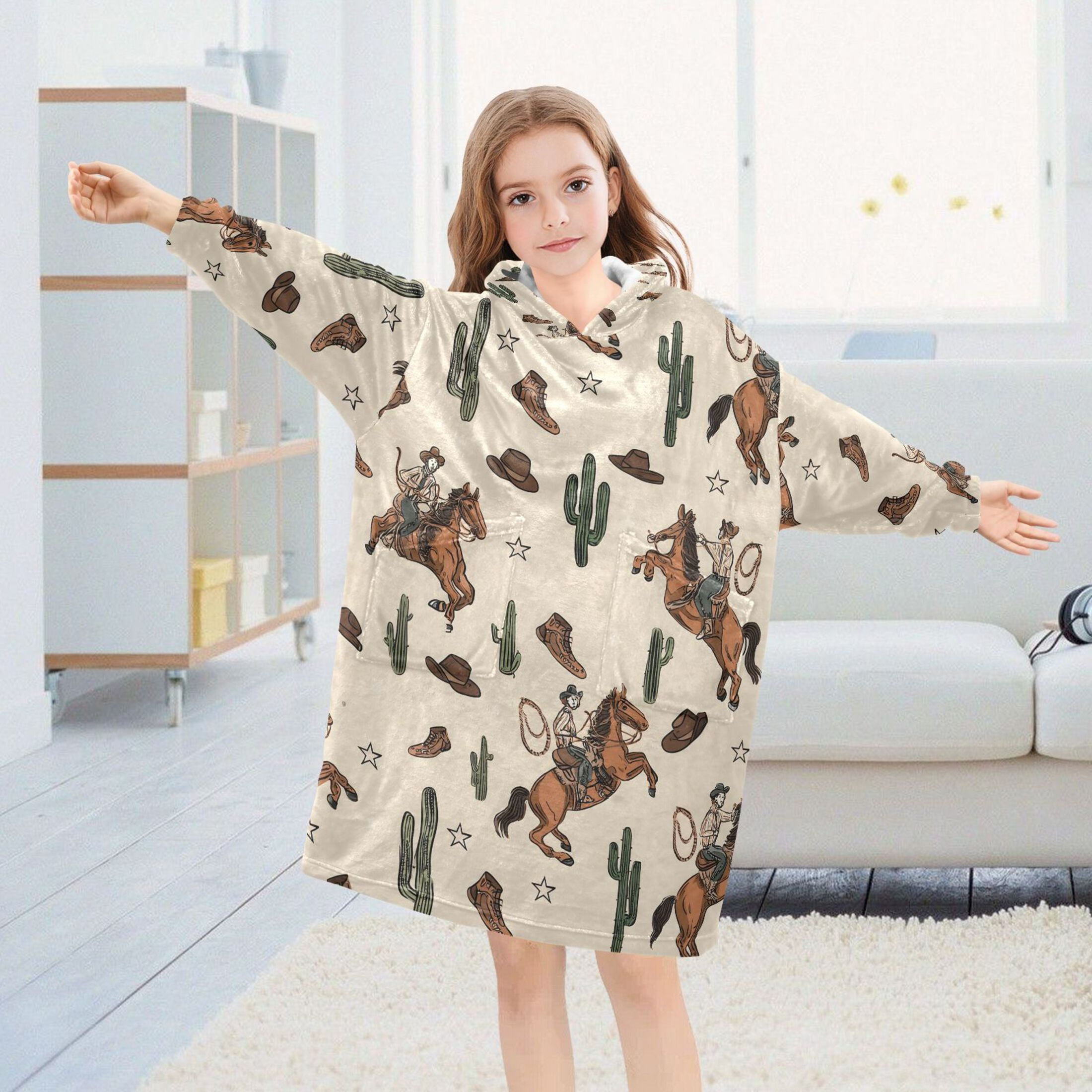joogoo Wearable Blanket Hoodie for Cactus Cowboys Flannel Sherpa Pocket 3-14 YR S