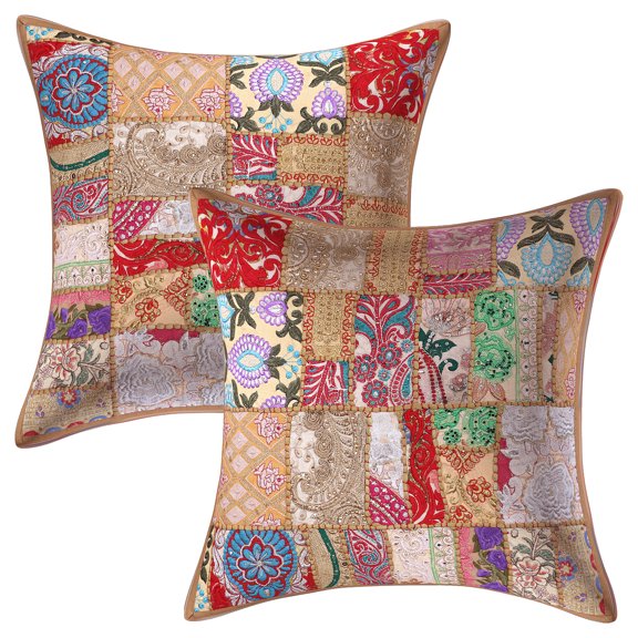 Stylo Culture Ethnic Cotton Home Decor Throw Pillow Covers Khaki 20 x 20 Bohemian Vintage Patchwork Ethnic Sofa Cushion Covers 50x50 cm Living Room Abstract Square Pillow Cases | Set Of 2
