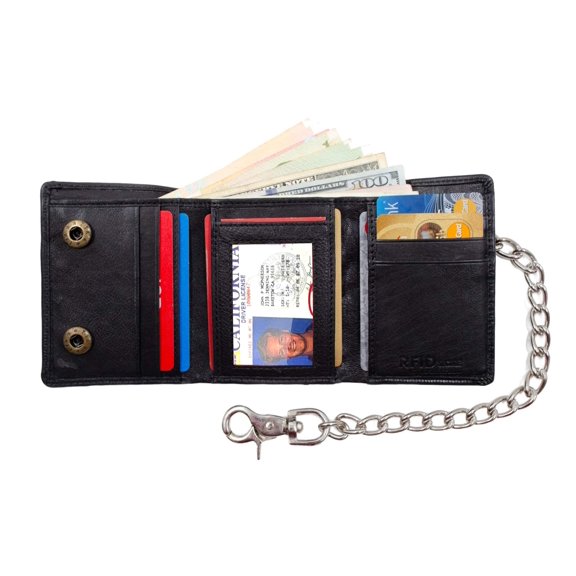 Black Men's Eagle Print Leather Biker Trifold Wallet Long Chain Trucker Motorcyclist