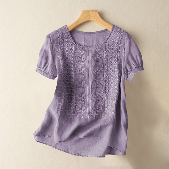 Embroidered 3/4 Sleeve Boho Tops Linen Tops Women Loose Fit Tee Shirt Women Gauze Shirts 100% Linen Clothing For Women Beach Vacation Tshirts Summer Linen Tops Womens Summer Tops Peasant Blouse