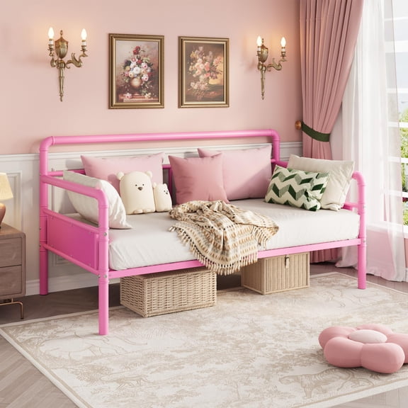 Sturdy Metal Daybed Frame Twin Size – Classic Headboard, Heavy Duty Steel Slats, Noise-Free, No Box Spring Required, Ideal for Living Room, Bedroom, Guest Room – Pink E60643S-C (PT210C)