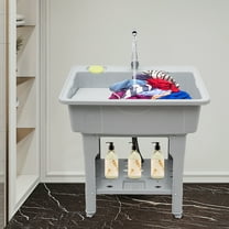 ChicHomey Gray Freestanding Utility Sink Laundry Tub with Storage Shelf ,360° Rotating Faucet, Free-Standing Installation,Multifunctional Laundry Sink