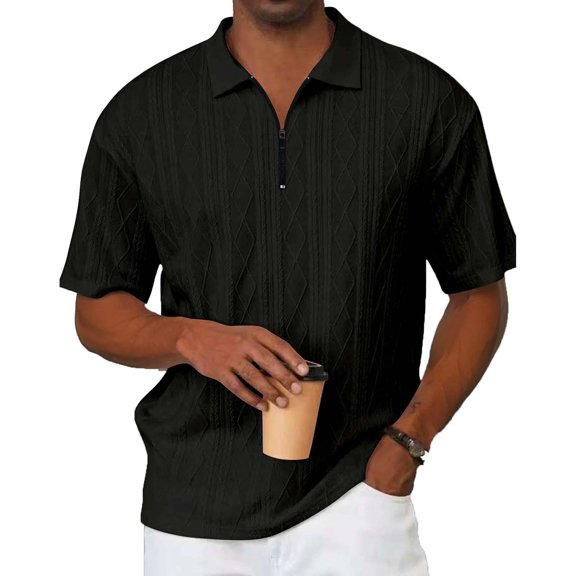 YUSIM Mens Jacquard Trendy Polo Shirts- Casual Summer Short Sleeve Soft Golf Shirts Black Size S-3XL