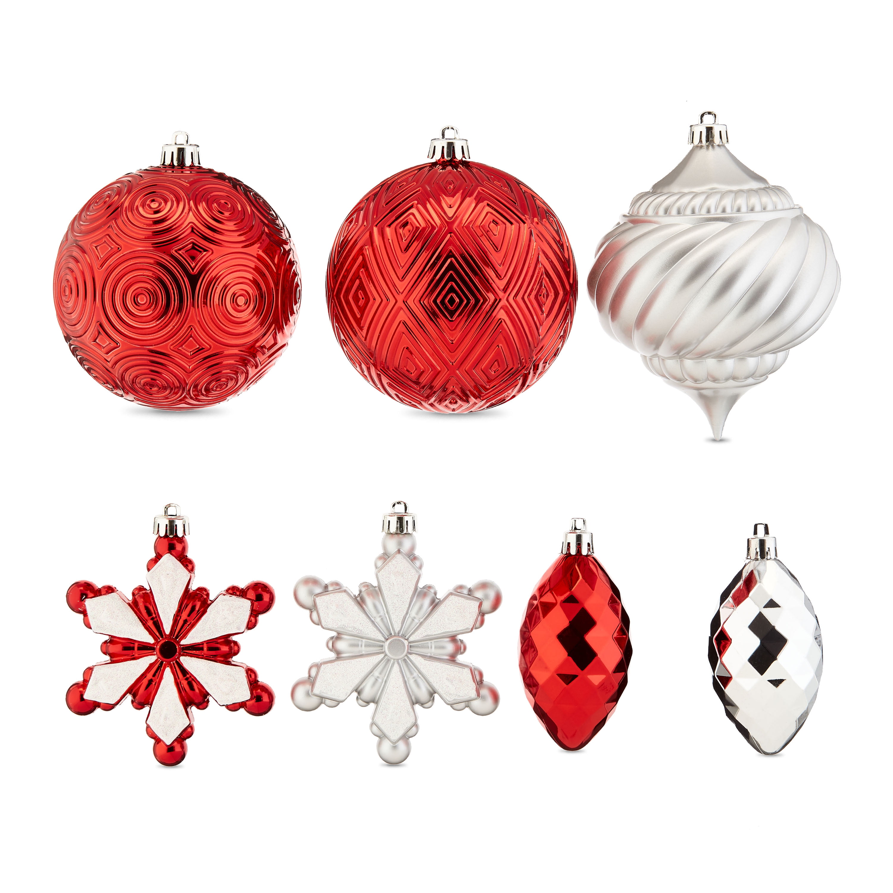 Holiday Time 100 mm Shatterproof Christmas Ornaments, Red, White, & Silver, 18 Count