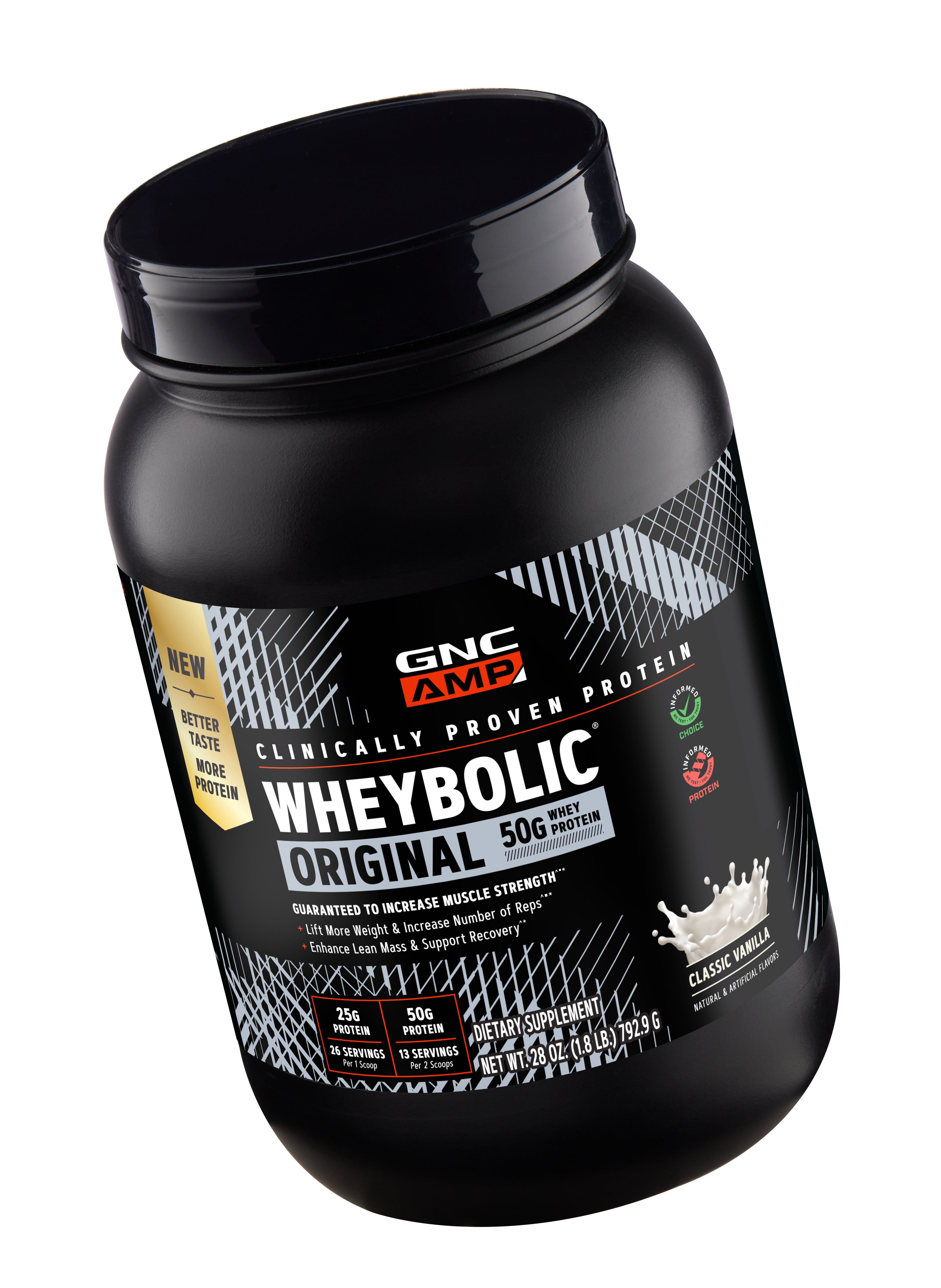 GNC AMP Wheybolic Clinically Proven Protein Powder, 50g Whey Protein, BCAA, Leucine, Increases Muscle Strength, Muscle Building, 3rd Party Tested, Gluten Free, Classic Vanilla 13 Servings