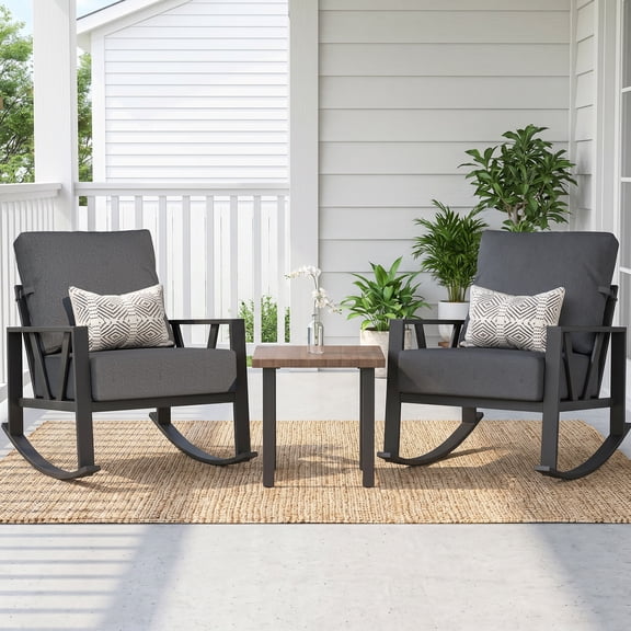 COMLAX FIELD Outdoor Rocking Chairs Set, 3-Piece Patio Furniture Set with Thick Cushions, Outdoor Conversation Bistro Set