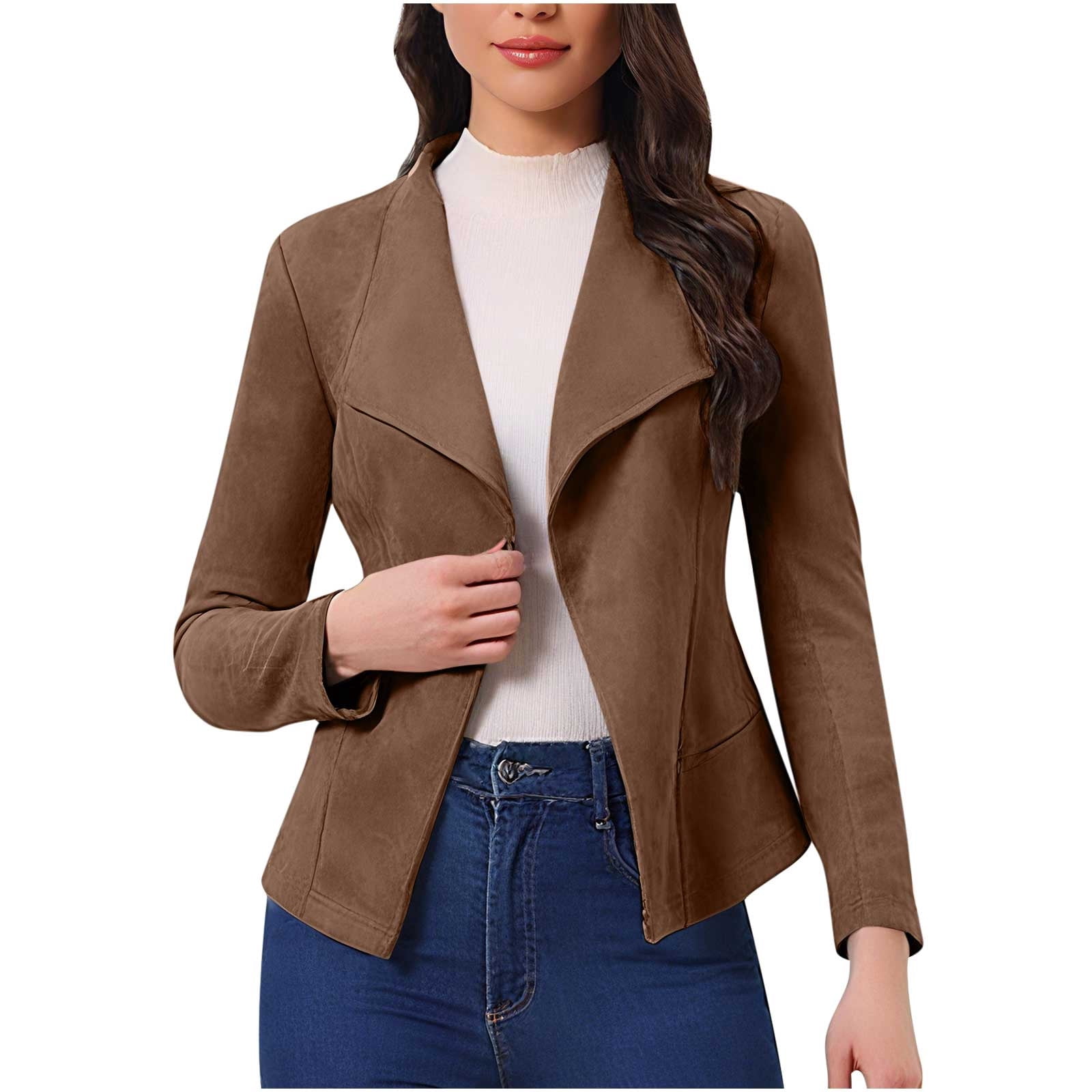 FAVIPT Casual Faux Suede Jacket for Women Long Sleeve Trendy Cropped Coat Lapel Solid Cardigan Fall Winter Outfits Brown,XXL