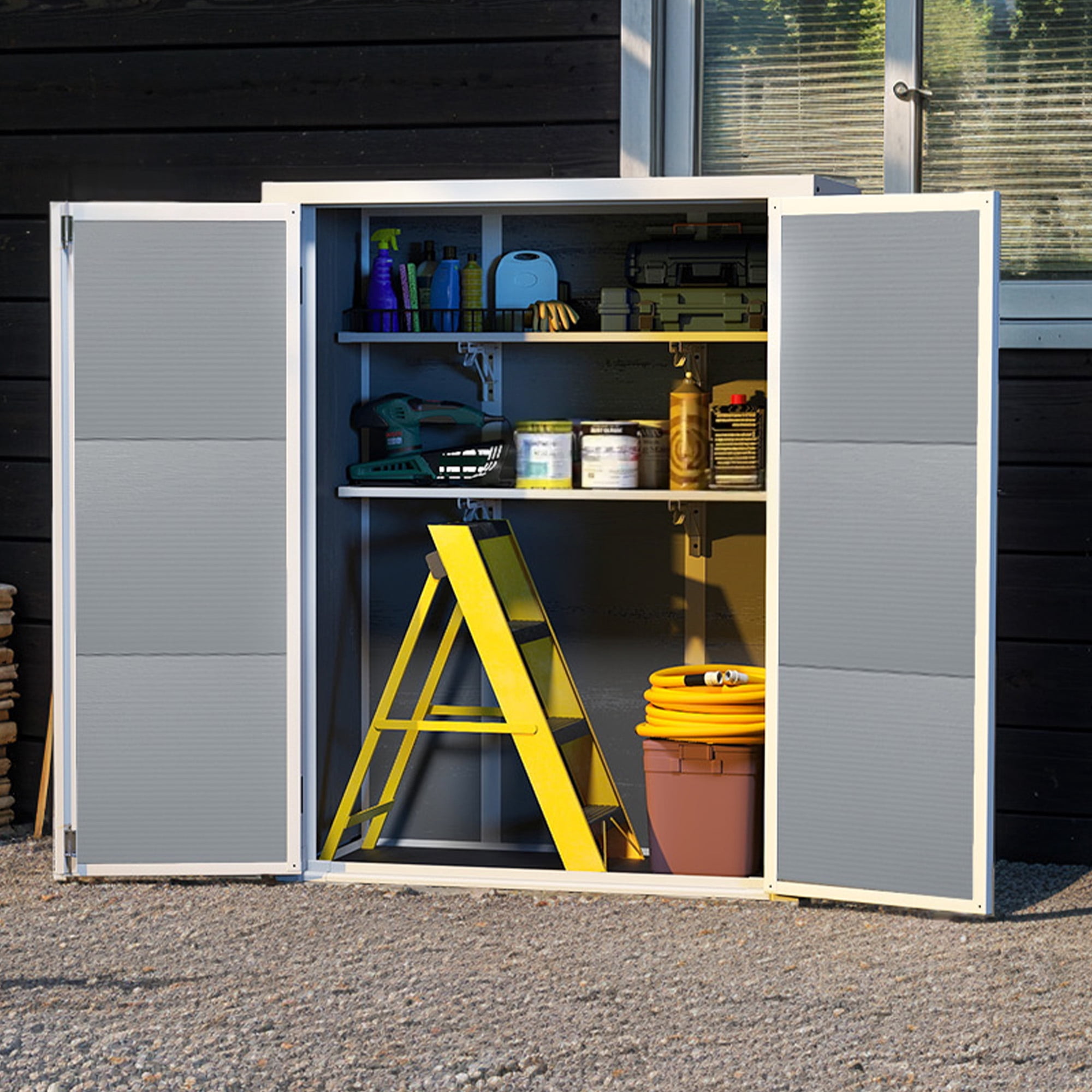 Craftian 49 Cu Ft Outdoor Vertical Storage Shed with Floor & 2 Shelves, Waterproof, Lockable (Gray)