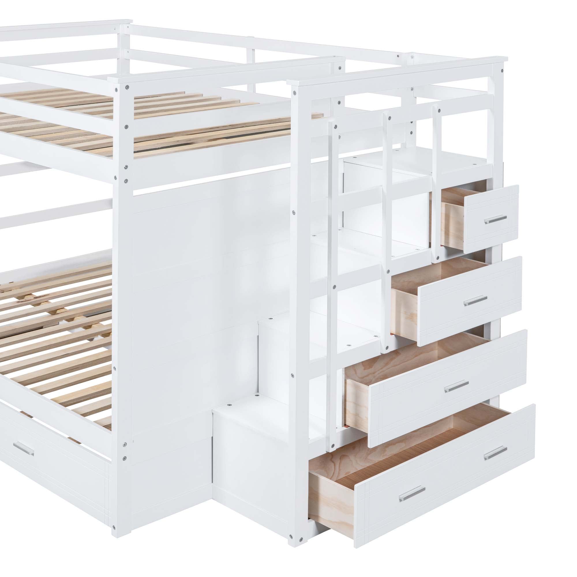 Aukfa Full over Full Bunk Bed with Trundle and Staircase, Wood Bunk Bed with 4 Storage Drawers for Kids, Teens - White