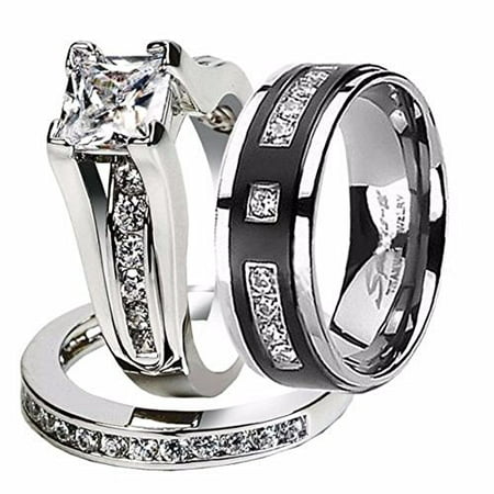 Hers and His Stainless Steel Princess Wedding Ring Set & Titanium Wedding Band Women's Size 10 Men's Size