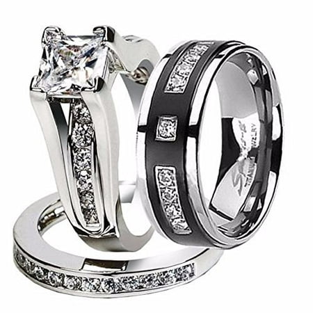 Marimor Jewelry Hers And His Stainless Steel Princess Wedding Ring Hers And His Stainless Steel Princess Wedding Ring Set Anium Band Women S Size 10