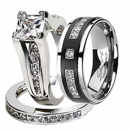 Hers and His Stainless Steel Princess Wedding Ring Set & Titanium Wedding Band Women's Size 10 Men's Size (Best Wedding Ring Sets)