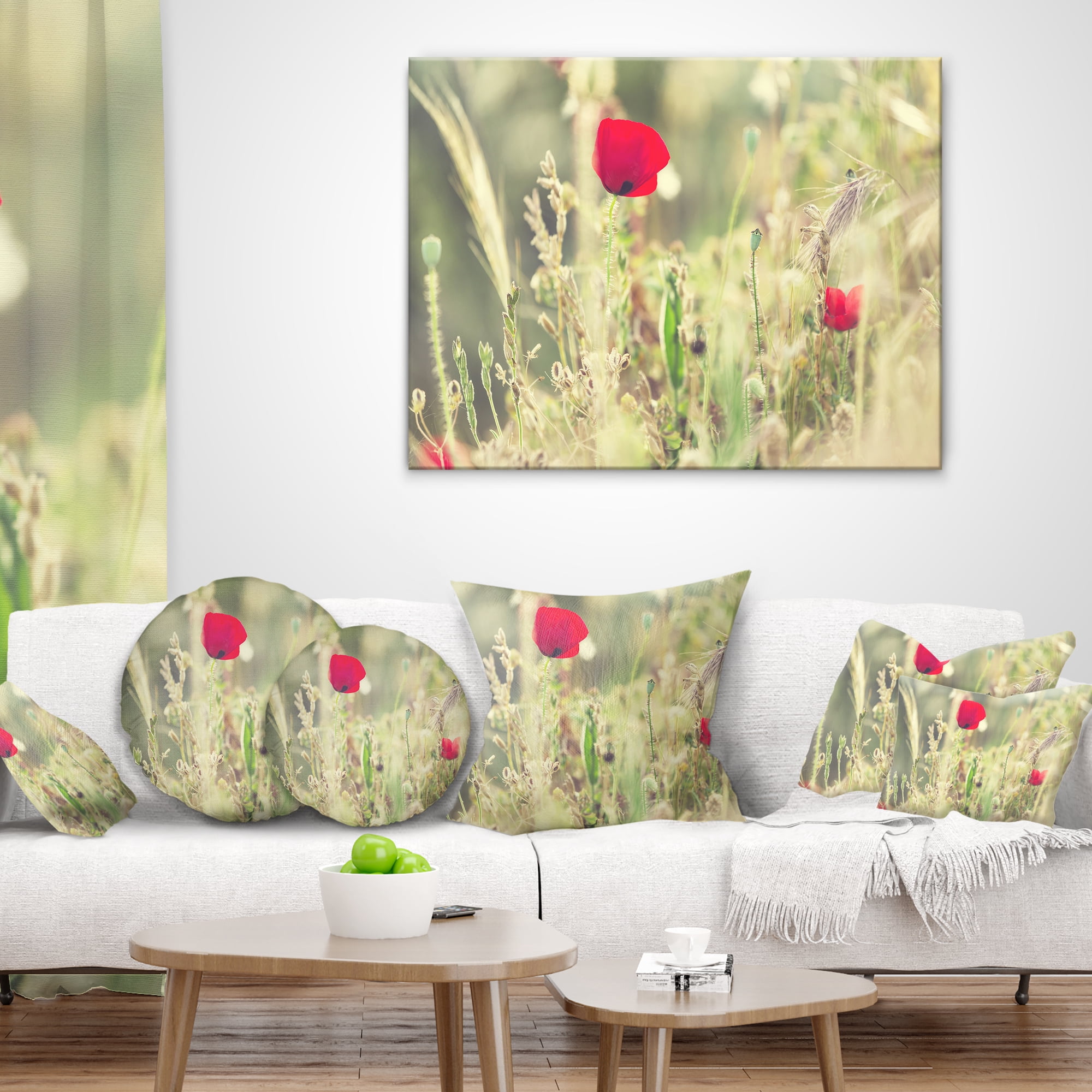 Designart Meadow with Wild Poppy Flowers - Flower Throw Pillow - 18x18