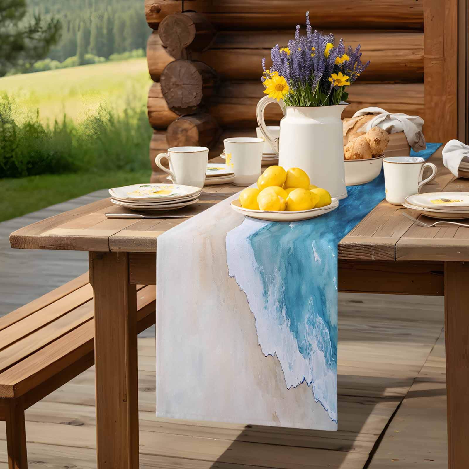 Blue Waves Summer Beach Table Runner 90 Inches Long, Gradient Water Ripples Table Runners Tabletop Scarf Kitchen Dining Tables Decoration for Home Party Indoor Outdoor