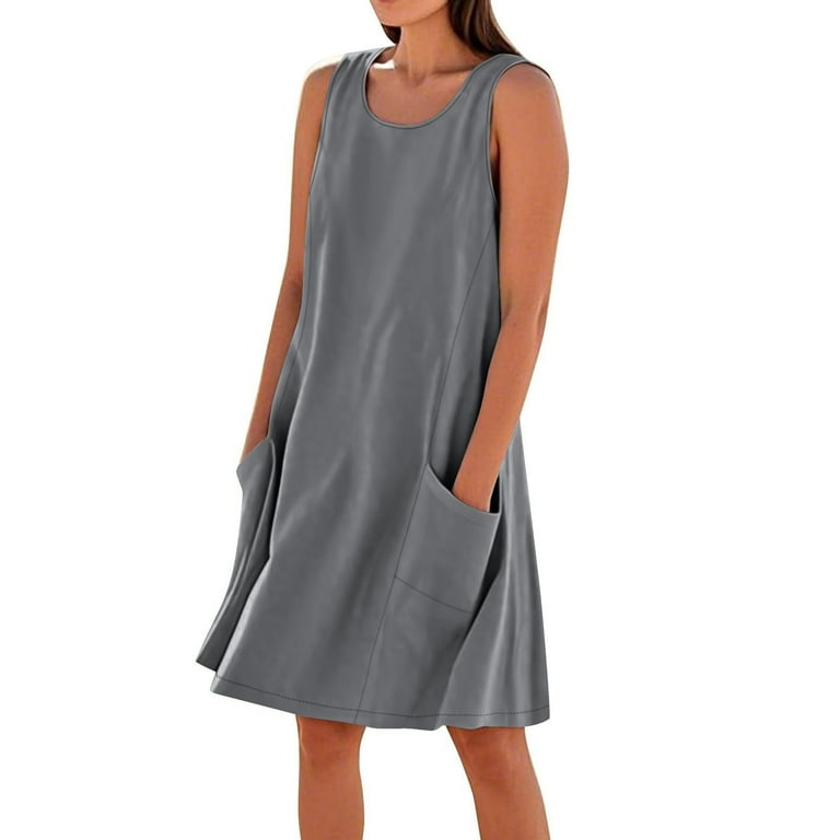 Bmawag Women Plus Size Dresses with Pockets Sleeveless Crew Neck Summer Casual Loose Fitness Beach Midi Tank Dress Gray XL, Women's