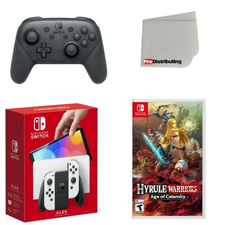 Nintendo Switch OLED Console White with Extra Wireless Controller, Hyrule Warriors: Age of Calamity and Screen Cleaning Cloth