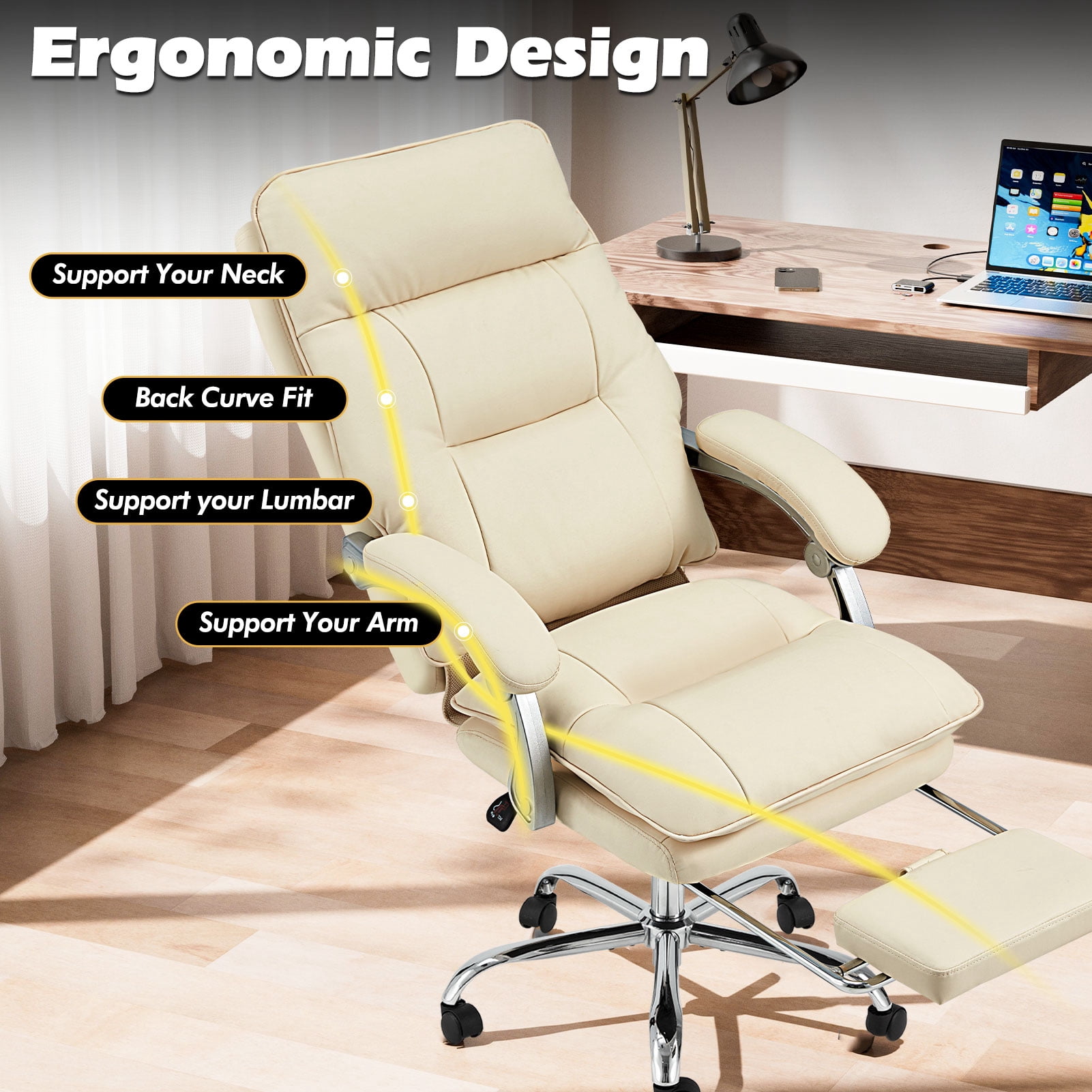 zzw Reclining Big and Tall Office Chair with Footrest - 350 lbs Capacity High Back Ergonomic Executive Desk Chair for Home and Gaming, White