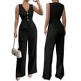 thumbnail image 3 of Women'S 2 Piece Outfits Elegant Blazer Vest Pockets Wide Leg Pant Suit Casual Matching Set Black S, 3 of 7