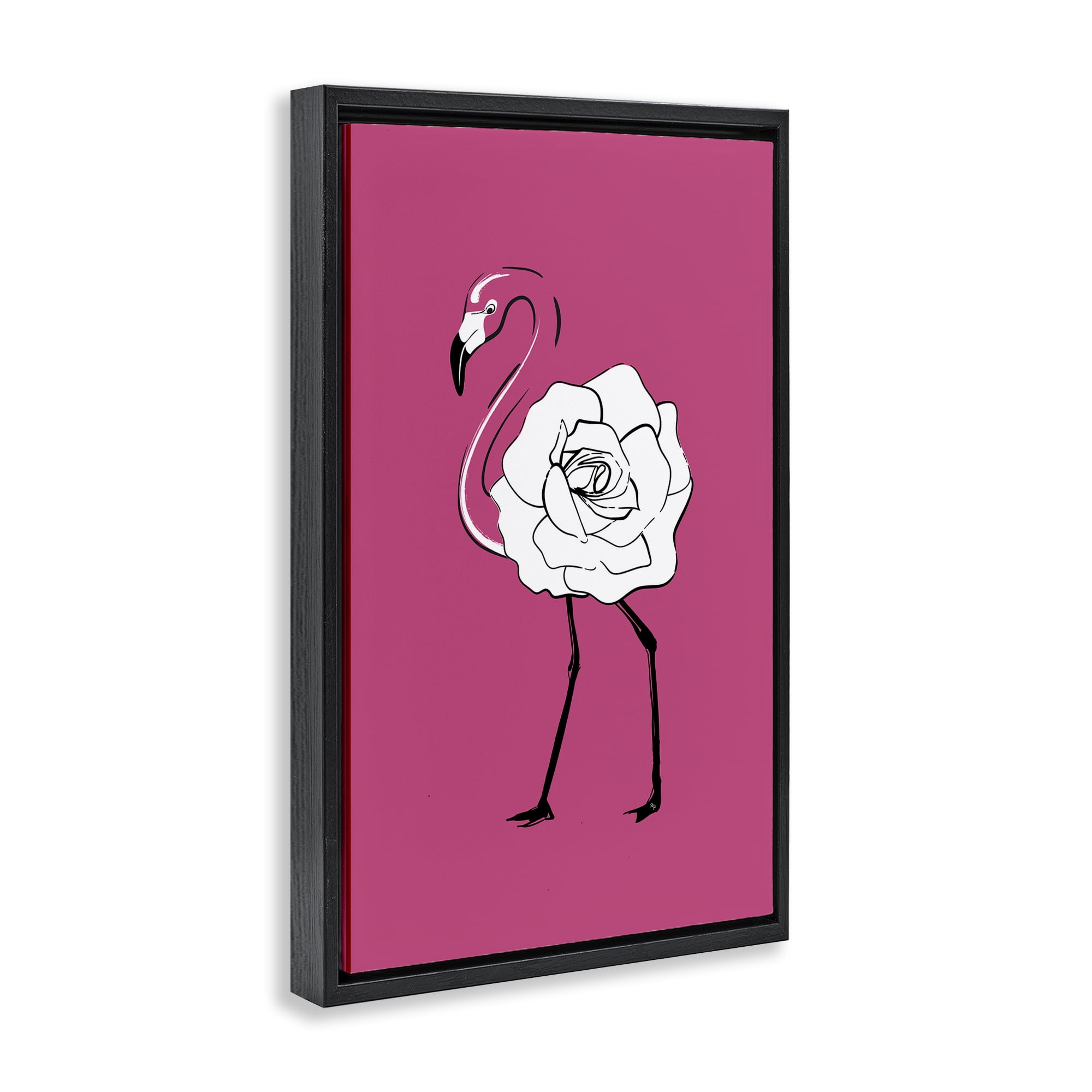 Stupell Industries Rose Blossom Flamingo Animals & Insects Painting Black Floater Framed Canvas Art Print Wall Art, 21 x 31