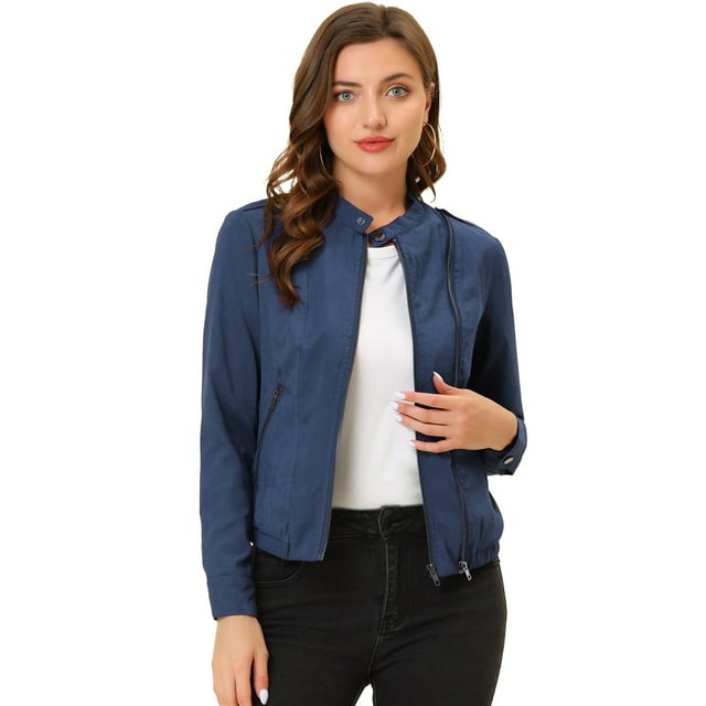 INSPIRE CHIC Blouson Moto Léger pour Femme à Col Montant à Fermeture à Glissière Bleu Foncé TP