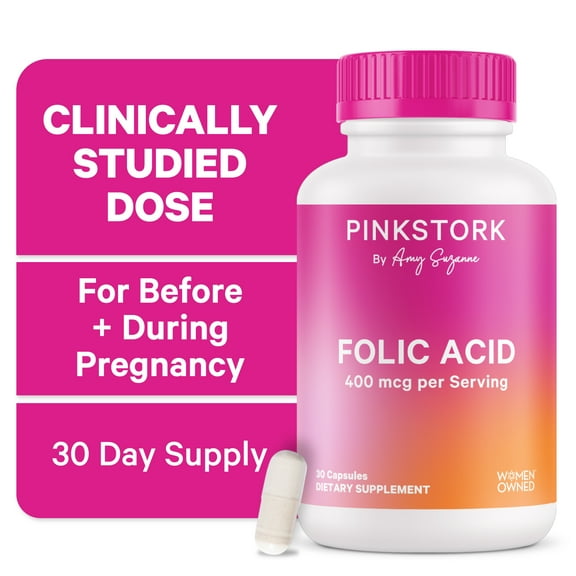 Pink Stork Folic Acid for Women - Formulated for Mom   Baby, 400mcg, 30 Capsules