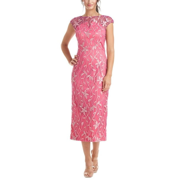 Js Collections Women's Crystal Floral Cocktail Midi Dress Pink Size 8