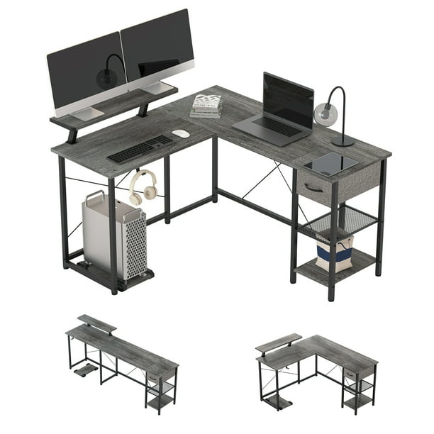 L Shaped Computer Desk with Storage Shelves, Hook and Monitor Stand