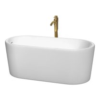 Ursula 59 Inch Freestanding Bathtub in White with Shiny White Trim and Floor Mounted Faucet in Brushed Gold