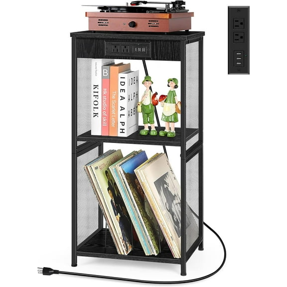 3-Tier Record Player Stand with Charging Station Black Turntable Stand with Record Storage Holds Up to 170 Albums Small Vinyl Record Stands Side Table