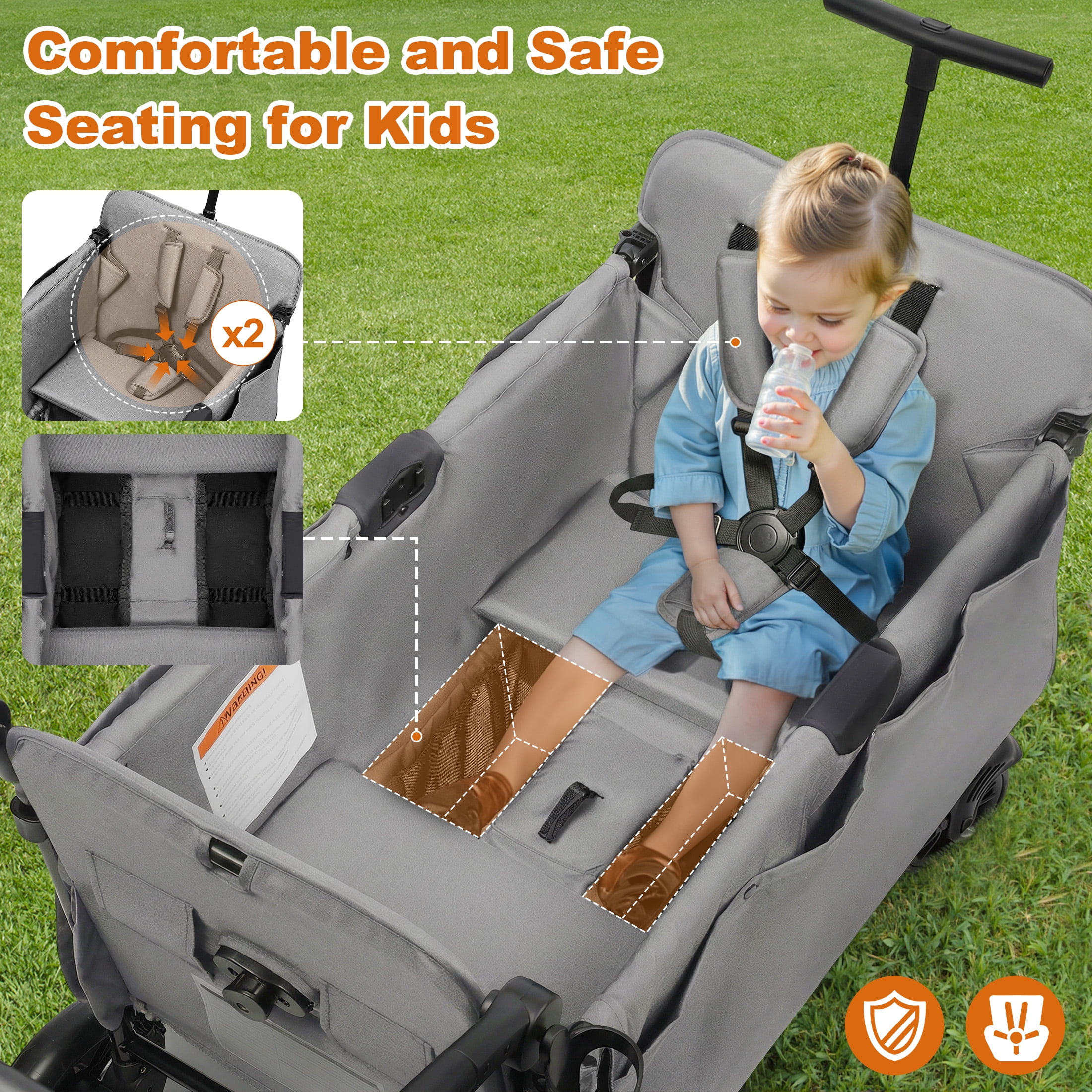 Vomeast Wagon Stroller for Kids,Spacious 2-Seater Stroller Wagon with Adjustable Canopy,Pull & Push Handle,5-Point Harness,Foldable for Toddlers, Grey
