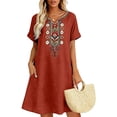 thumbnail image 2 of Bxsruta Women's Embroidered Cotton Casual Bohemian Smock Dress V Neck Short Sleeve Loose Flowy Midi Length with Pockets Pull on Lightweight Breathable Summer for Women, 2 of 7