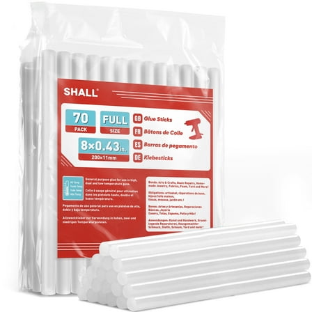 SHALL Full Size Hot Glue Sticks, 0.43” Dia x 8” Long, 70-Pack Hot Melt Glue Gun Sticks for All-Temp Glue Guns, Multipurpose for Kids Adults DIY Art Craft Sealing Repairing Festival Decoration