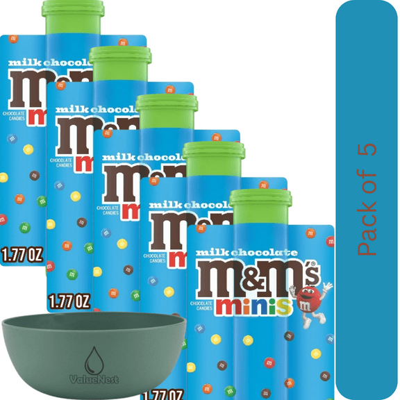 M&M's Minis Milk Chocolate Candy - 1.77 oz Mega Tube 5 Packs with Bowl by Value Nest