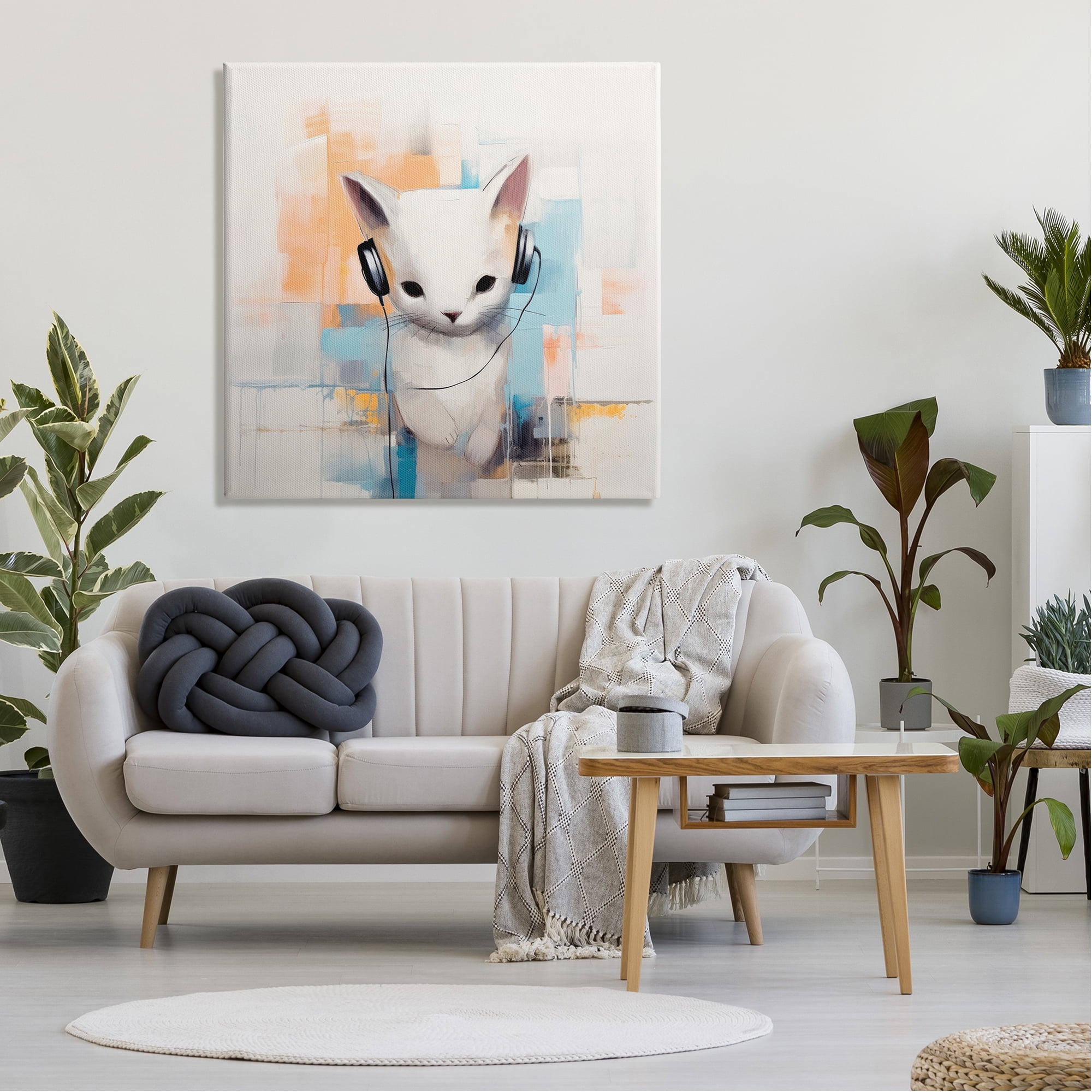 Stupell Industries Cat with Headphones Abstract Animals & Insects Painting Gallery Wrapped Canvas Art Print Wall Art, 36 x 36
