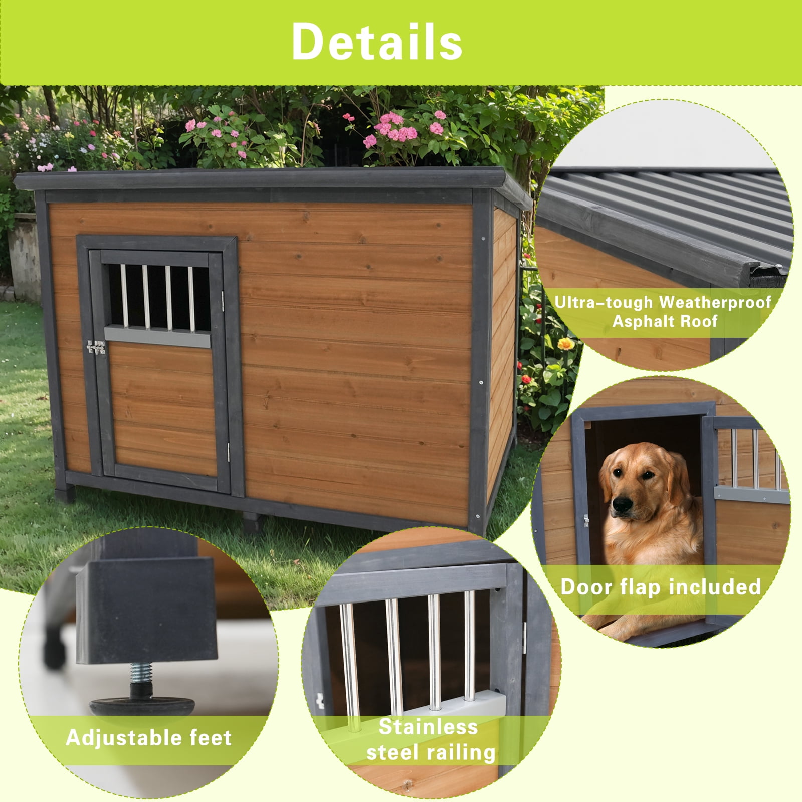 45" Large Solid Wood Dog House, Waterproof Pvc Plastic Roof, Breathable Wooden Doors