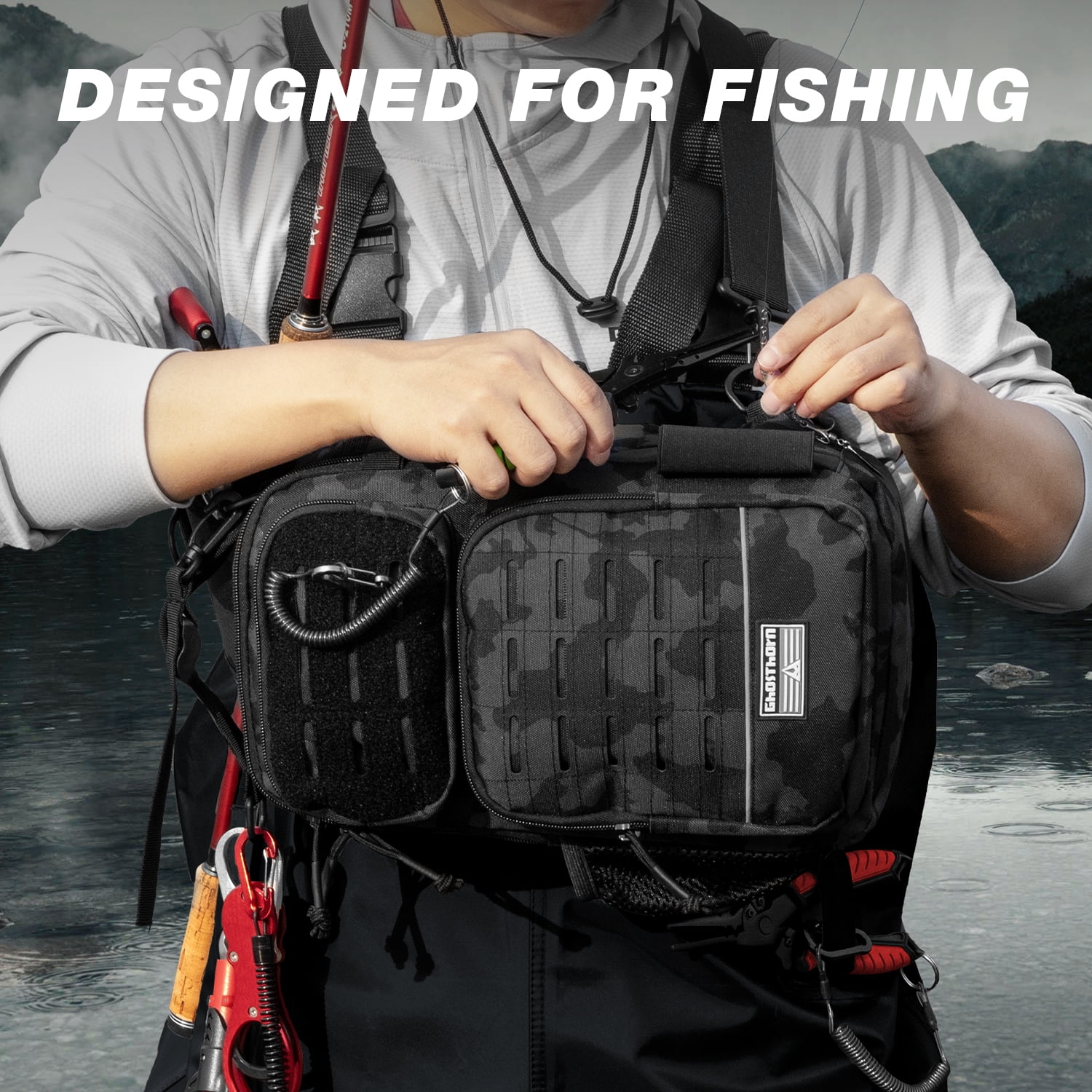 Ghosthorn Fishing Backpack Tackle Sling Bag -Lightweight Sling Tackle Storage Bag- Fishing Backpack with Rod Holder