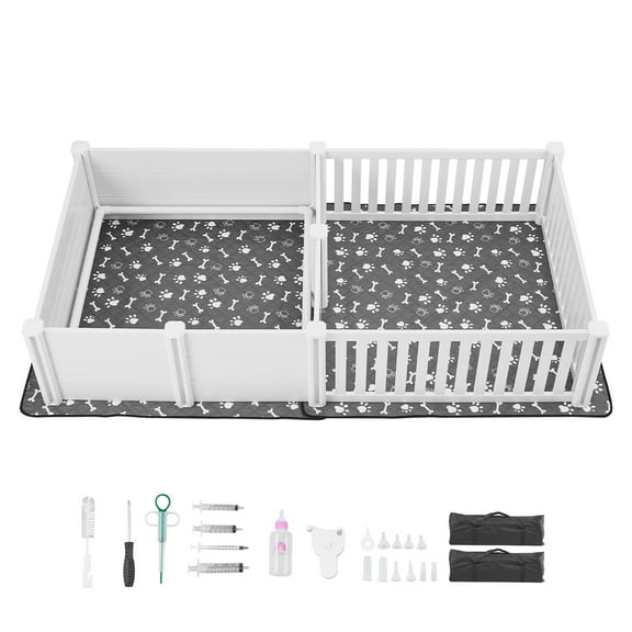 KFFKFF Durable PVC Whelping Box for Dogs, 93.3x48.4x18.1 inch, Adjustable Door Height, Washable Pee Pad, Two-Room Design for Large Breed Puppies, Milk White