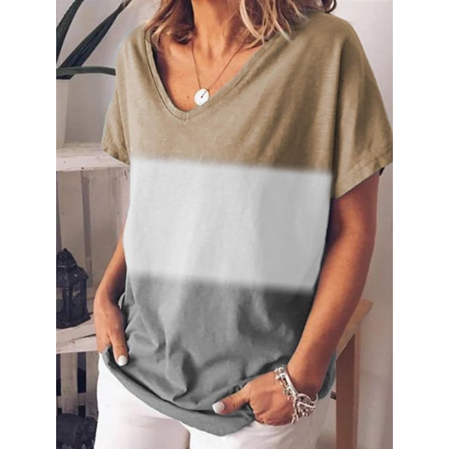 Nouveau T-shirt à Manches Courtes Col en V Imprimé Contrasté pour Femmes