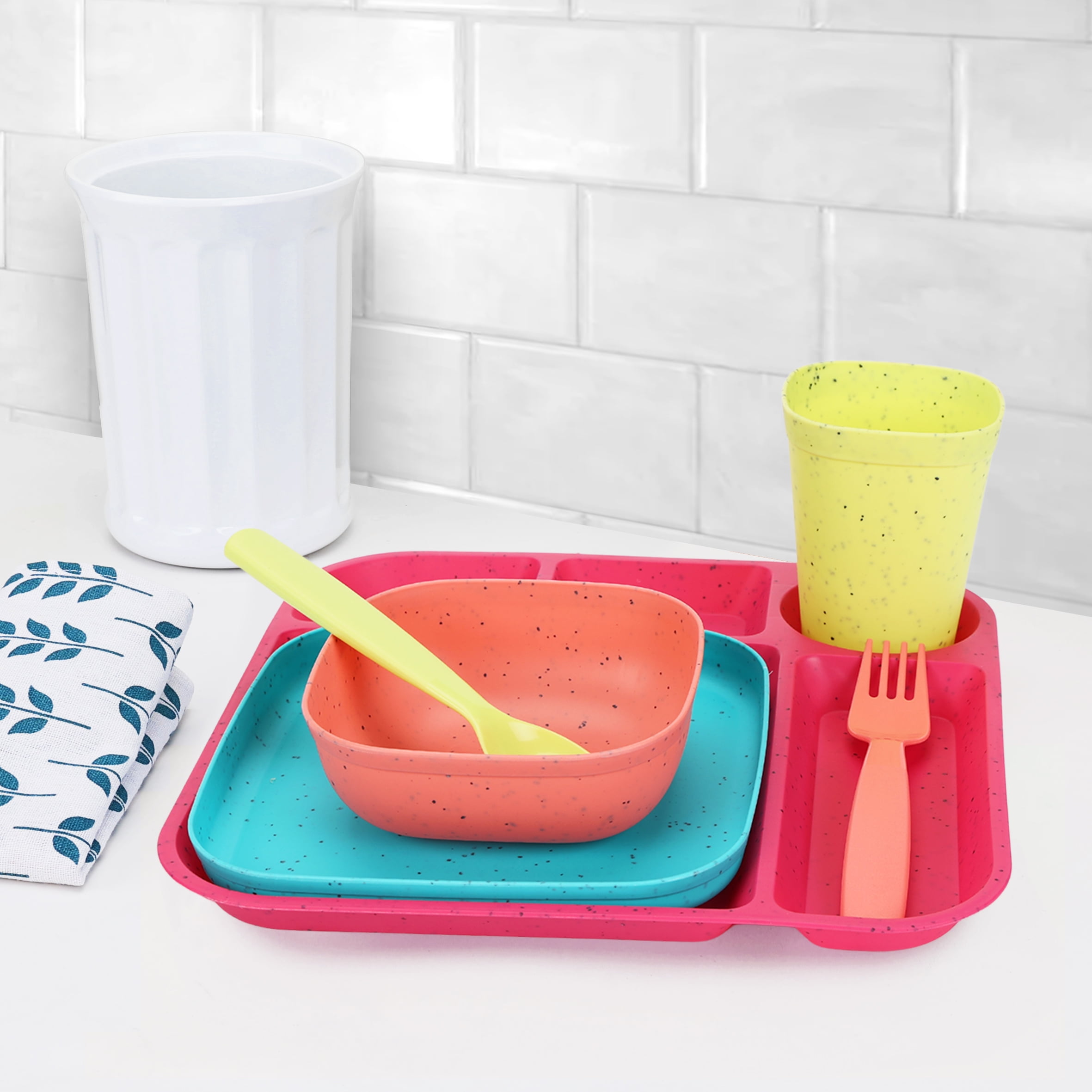 Your Zone 24-Piece Plastic Kids Dinnerware Set with 4 Trays, Bowls, Plates, Cups, Forks, Spoons in Pink, Coral, Yellow, Blue