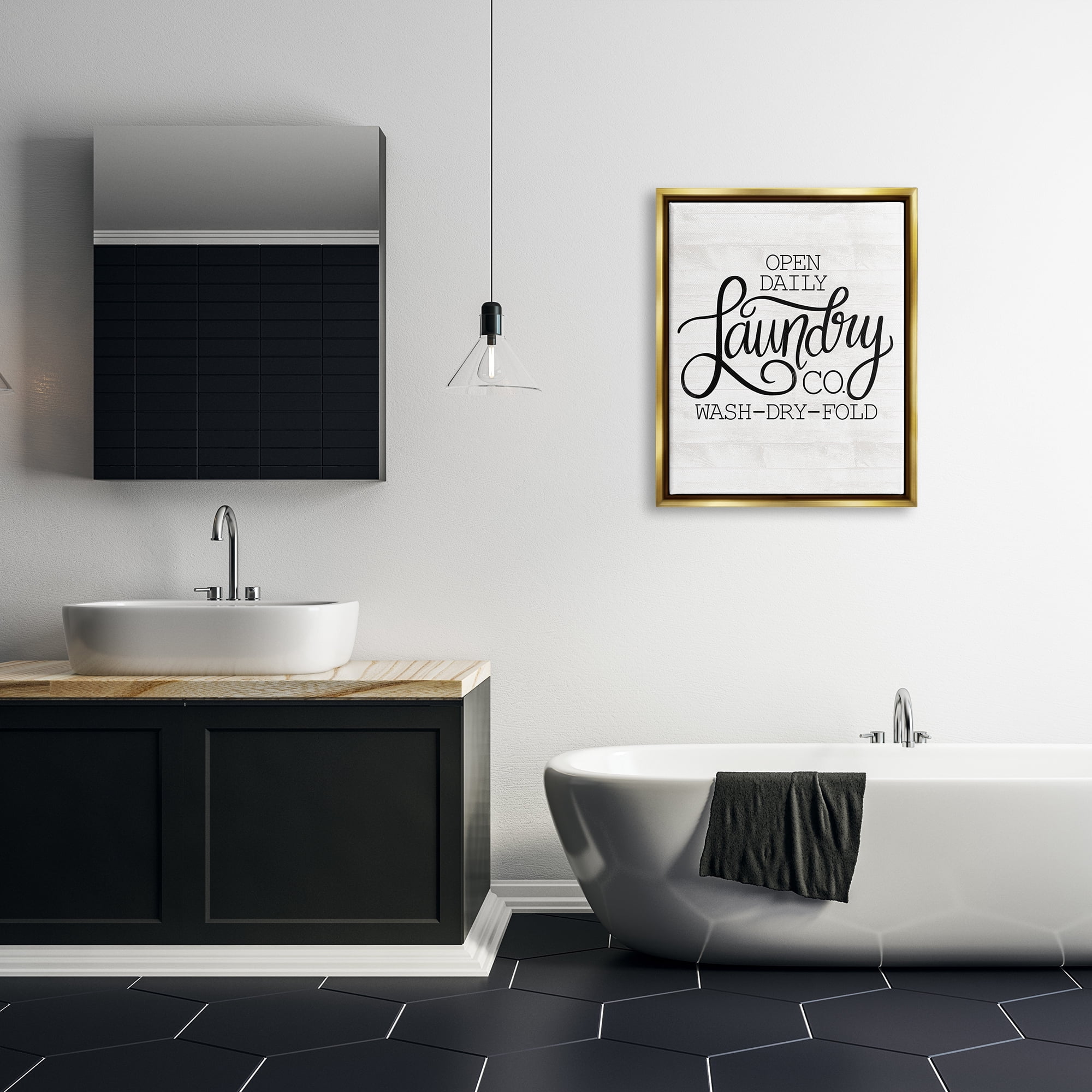 Stupell Industries Laundry Co Farmhouse Bathroom Typography Painting Gold Floater Framed Art Print Wall Art