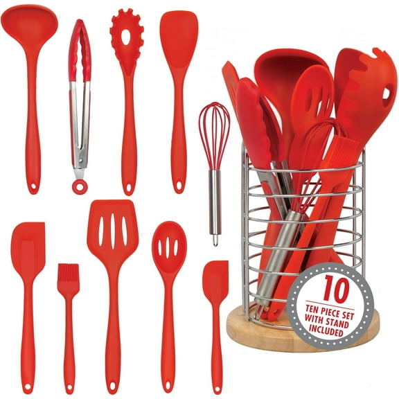Good Cooking Silicone Kitchen Cooking Utensils w Bamboo Holder- 10 Pc Gourmet Non-Stick, Heat Resistant, Premium Kitchen Tools Set- Spatula, Spoon, Slotted Spoon, Tongs, Basting Brush, Whisk, Ladle