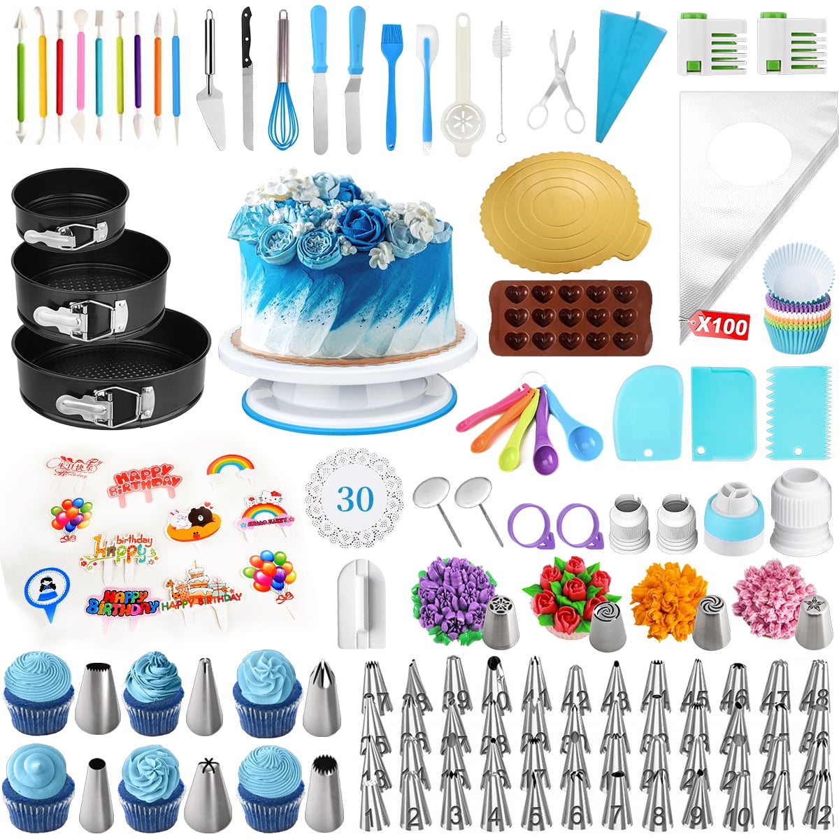 379 Pcs Cake Decorating Supplies Kit, Baking Pastry Tools with Cake Rotating Turntable Scraper Spatula Leveler & 48 Icing Piping Tips Pattern Chart, Supplies for Beginner and Cake-Lover -