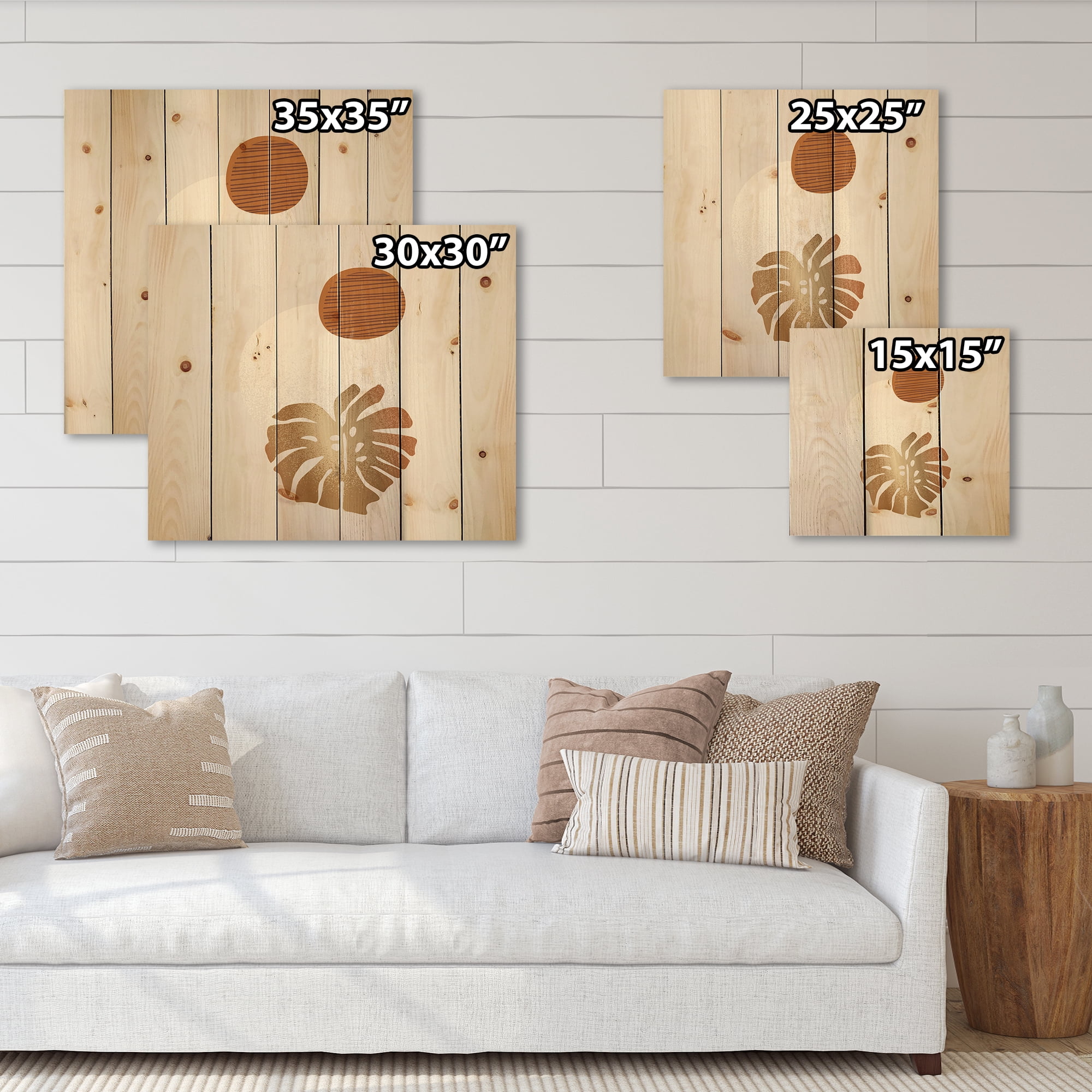 Designart 'Abstract Geometry Shapes and Tropical Palm Leaf II' Modern Print on Natural Pine Wood