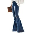 thumbnail image 5 of Women's Elastic Waist Destroyed Flare Long Bell Bottom Denim Jeans, 5 of 8