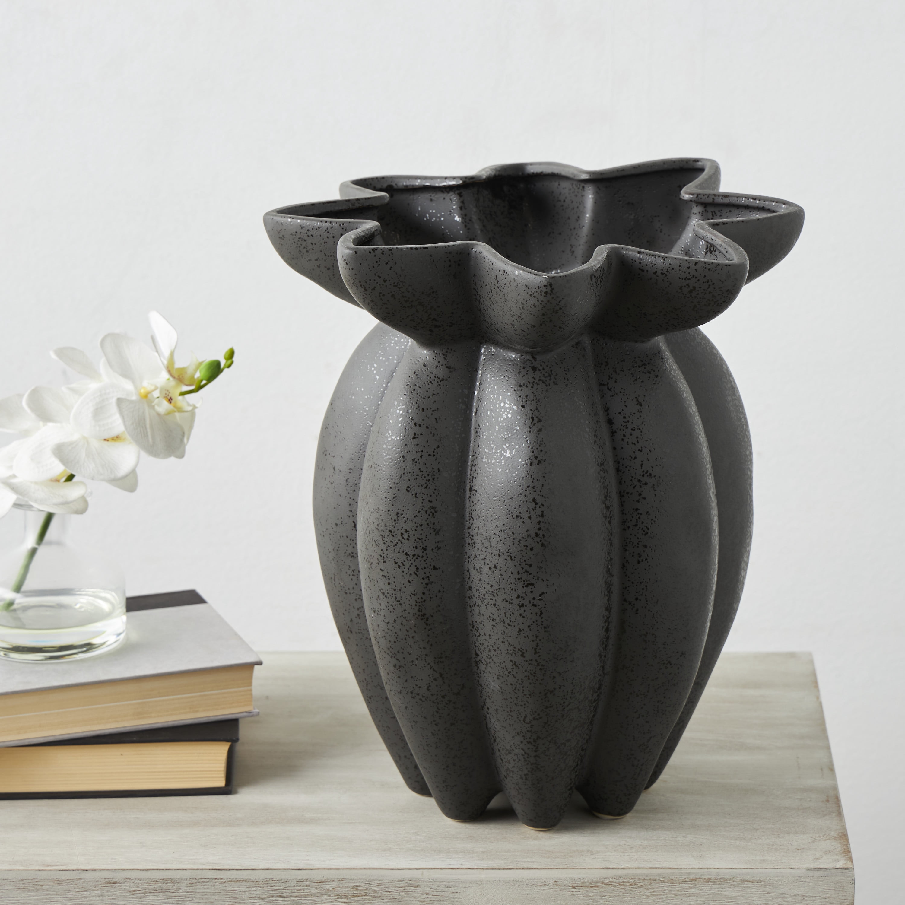 DecMode 15" Speckle Textured Black Ceramic Vase with Tulip Style Opening
