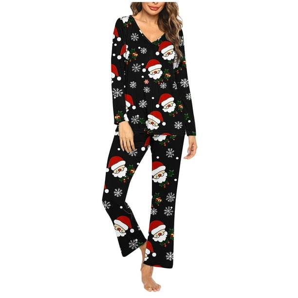 Puntoco Conjuntos de pijama cómodos para mujer Conjunto de pijama informal con cuello en V y pantalones largos con estampado navideño para mujer