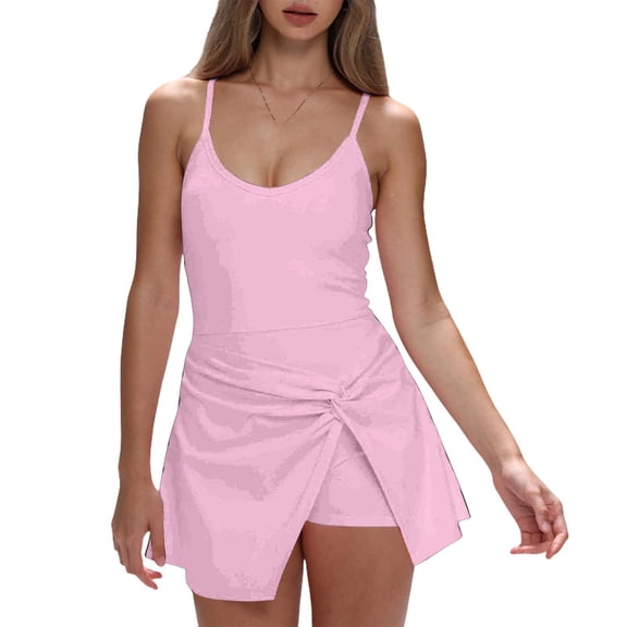 Womens Sleeveless Athletic Dress Scoop Neck Wrap Skirt Mini Dress Built in Shorts Yoga Golf Dress Workout Romper Skort