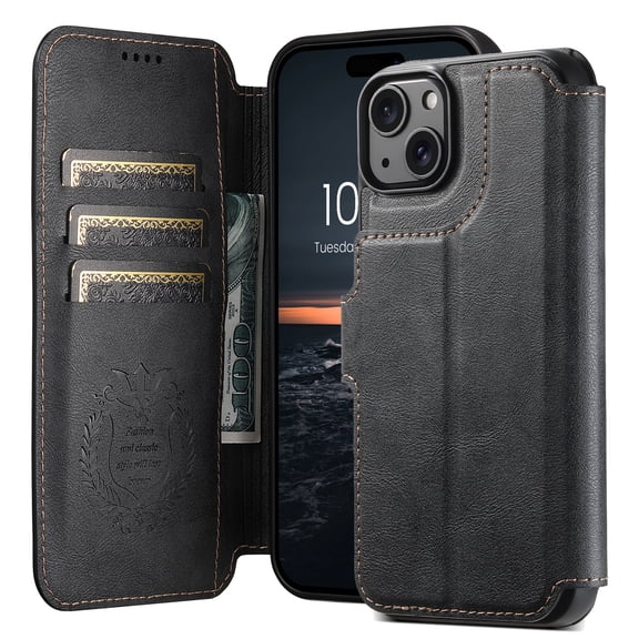for iPhone 13 2-in-1 PU Leather Case, Detachable Wallet Case with Card Holder Stand, Removable Folio Protective Cover, Support Magnetic Car Mount, Magnetic Clasp, Shockproof Cover, Black