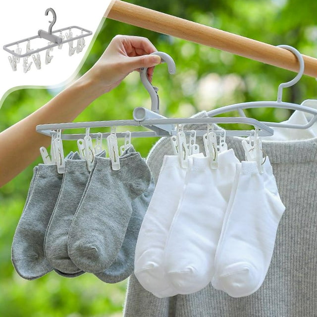 RYRDWP Clearance Folding Clothes Dryer Hanger With 12 Clips Children Adults Clothes Dryer Windproof Socks Underwear Plastic Drying Rack Clothes Hanger